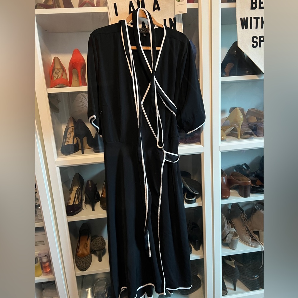 Eloquii Black wrap dress with cream edging